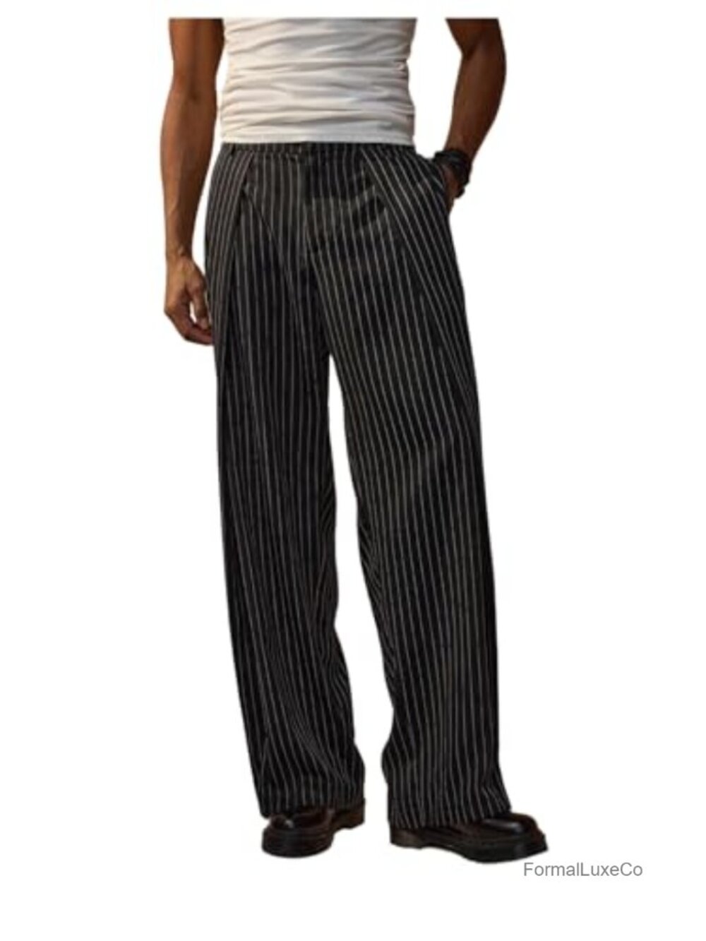 GORGLITTER Men's Pinstripe Baggy Dress Pants Wide Leg Business Casual Pants